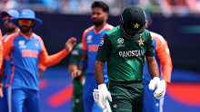 Fakhar Zaman of Pakistan leaves the field after being dismissed during the ICC Men's T20 Cricket World Cup West Indies & USA 2024 match between India and Pakistan at Nassau County International Cricket Stadium on June 09, 2024 in New York, New York. (Photo by Robert Cianflone/Getty Images)