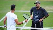Nick Kyrgios and Novak Djokovic training at Wimbledon on day eleven of the 2024 Wimbledon Championships at the All England Lawn Tennis and Croquet Club, London. Picture date: Thursday July 11, 2024. (Photo by Mike Egerton/PA Images via Getty Images)