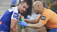 Bulldogs playmaker Kieran Foran cops another injury blow, this time against the Dragons.