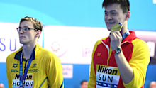 Mack Horton and Sun Yang at their explosive medal presentation.