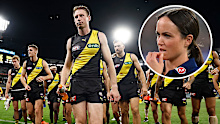 Richmond Tigers players walk off the MCG after the draw against Carlton. INSET: Daisy Pearce in her coaching role
