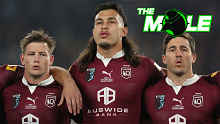 Harry Grant, Tino Fa'asuamaleaui and Ben Hunt line up for the anthems before Origin III.