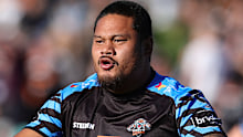 Joey Leilua warming up for a match during his two-year stay at Wests Tigers.