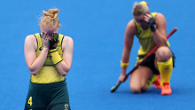 Amy Rose Lawton and Mariah Williams of Team Australia react after a 1-0 loss after the Women's Quarterfinal match between Australia and India on day ten of the Tokyo 2020 Olympic Games at Oi Hockey Stadium on August 02, 2021 in Tokyo, Japan. (Photo by Buda Mendes/Getty Images)