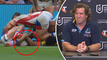 Des Hasler reacts to Brian Kelly's no try against the Knights. 