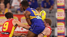 West Coast Eagles forward Willie Rioli bumps Gold Coast Suns midfielder Matt Rowell.