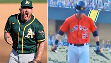 Houston Astros' Josh Reddick breaks his bat over his knee after striking out against the Oakland Athletics' Liam Hendriks