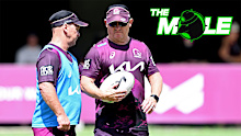 Allan Langer and Kevin Walters chat at a Broncos training session in 2024.
