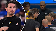 JJ Redick watches on as his players speak with match officials.