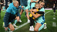 Tameka Yallop (left) and Courtney Nevin pictured after Australia's third-place match at the 2023 World Cup.