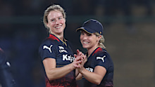 Ellyse Perry of Royal Challengers Bangalore celebrates the wicket of Harmanpreet Kaur (c) of Mumbai Indians during the WIPL match between Mumbai Indians and Royal Challengers at Arun Jaitley Stadium on March 12, 2024 in Delhi, India. (Photo by Pankaj Nangia/Getty Images)