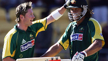 Michael Clarke (L), Andrew Symonds of Australia (R) during an ODI between Australia and New Zealand in 2005