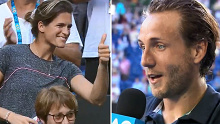 Lucas Pouille celebrates coach Amelie Mauresmo