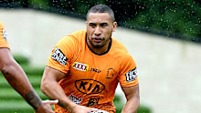 Hopoate during a Brisbane Broncos NRL training session in 2020.