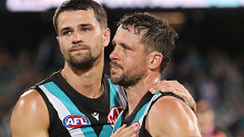 Ryan Burton and Travis Boak pictured after Port Adelaide's finals loss to the GWS Giants