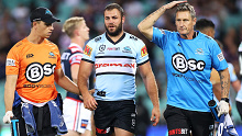  Wade Graham of the Sharks leaves the field with a head injury in 2021
