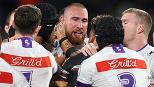 Nelson Asofa-Solomona in the thick of a scuffle in the Storm's preliminary final loss to the Panthers in 2023.