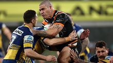 Russell Packer takes a hit-up for Wests Tigers.