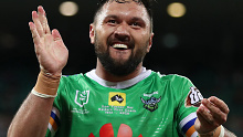 Raiders weapon Jordan Rapana celebrates scoring a try.