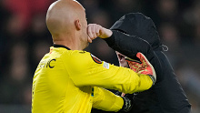 A PSV supporter punches Sevilla's goalkeeper Marko Dmitrovic in the face.