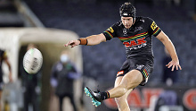 Matt Burton of the Panthers misses a field goal during the round three NRL match 
