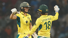 Ellyse Perry and Phoebe Litchfield of Australia celebrate their team's win over India during game two of the women's T20I series between India and Australia at DY Patil Stadium on January 7, 2024 in Navi Mumbai, India. (Photo by Pankaj Nangia/Getty Images)