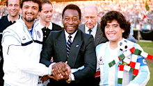 Pele and Maradona with Italian captain Alessandro Altobelli in 1987.