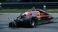 The remains of Gilles Villeneuve's Ferrari after his fatal accident at Zolder in 1982.