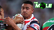 Sio Siua Taukeiaho of the Roosters is tackled during the round three NRL match between the South Sydney Rabbitohs and the Sydney Roosters at Accor Stadium, on March 25, 2022, in Sydney, Australia.