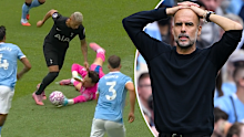 James Trafford struggles to hold the ball while Pep Guardiola reacts during the game. 
