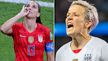 Alex Morgan and Megan Rapinoe celebrate World Cup goals.