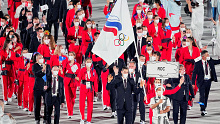 The Russian Olympic Committee team enters the stadium at the Tokyo Olympics opening ceremony.