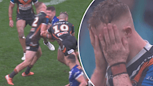 Alex Seyfarth's reacts before he's sin binned for a high shot. 