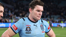 NSW star Liam Martin reacts to the Blues' loss in State of Origin II, 2024.