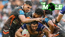 Terrell May (left) was in fine form as the Wests Tigers upset the Bulldogs in round 22.