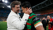 Issac Luke is congratulated by actor and part owner Russell Crowe after South Sydney's preliminary final win back in 2014
