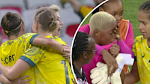 The Matildas celebrate after scoring the winner (left) and a Zambian player is inconsolable at full-time (right).