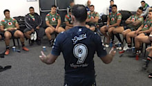 Storm captain Cameron Smith addresses the Warriors in their dressing room after a 50-6 win.