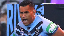 NSW prop Daniel Saifiti charges out of the race during the 2019 State of Origin series.