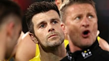 Trent Cotchin and Damien Hardwick pictured during a Richmond huddle during the 2023 season