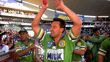 Laurie Daley celebrates winning the 1994 grand final over Canterbury.