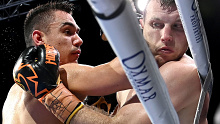 Tim Tszyu pushes Jeff Horn against the ropes in their fight.