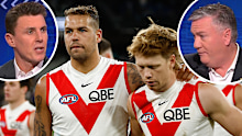 Matthew Lloyd (left inset), Lance Franklin (Swans player on left), Callum Mills and Eddie McGuire.