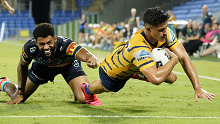 Dylan Brown of the Eels scores a try during the Round 2 NRL match between the Gold Coast Titans and the Parramatta Eels.