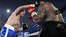 BANG. Paul Gallen connects above the ear of Lucas Browne.