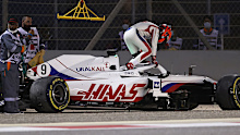 Nikita Mazepin climbs out of his wrecked Haas on the opening lap of the Bahrain Grand Prix.
