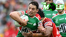 Cameron Murray attempts to break through the tackle of a Dolphins player in the Rabbitohs' round one clash.
