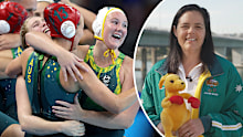 Stingers players celebrating their women's water polo semi final win over the USA, and inset, Sydney 2000 gold medal winning Stingers player Yvette Higgins.