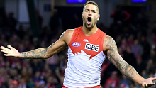 Lance Franklin of the Swans celebrates after kicking and goal during the Round 4 AFL match between the Western Bulldogs and the Sydney Swans at Etihad Stadium in Melbourne, Saturday, April 14, 2018.