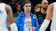 Josh Giddey pictured during a timeout in the Thunder's game against the Timberwolves
